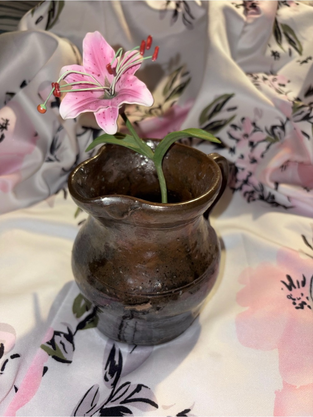 Brown Ceramic Pitcher Vase with Pink Artificial Lily - Unbranded